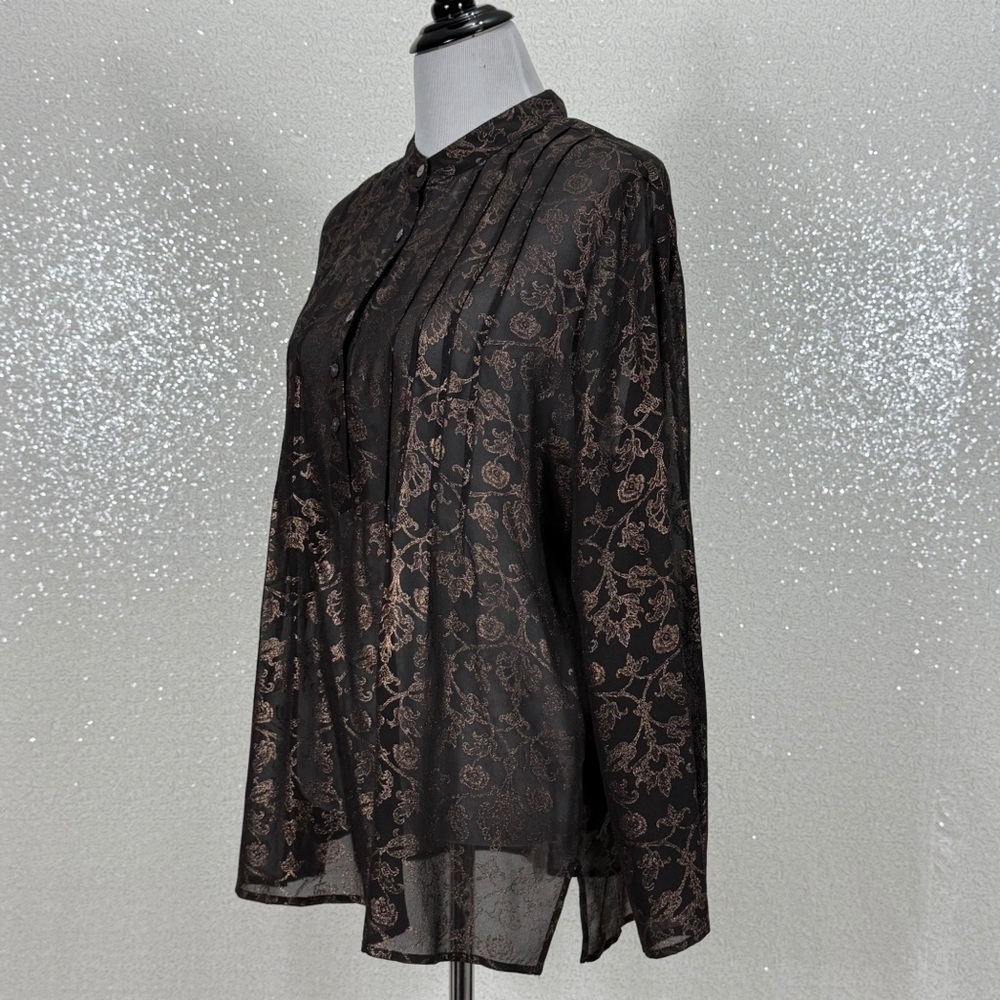Chico’s 100% Silk Sheer Tunic Blouse Size 2 Black Bronze Floral Long Sleeve - Picture 6 of 10